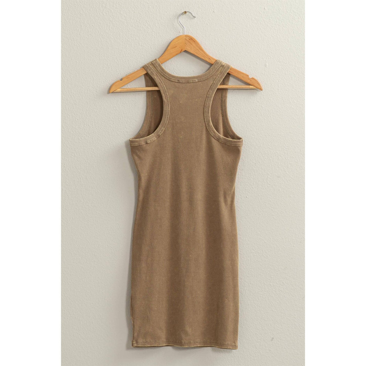 ACID WASHED RIBBED MINI DRESS: MOCHA BROWN