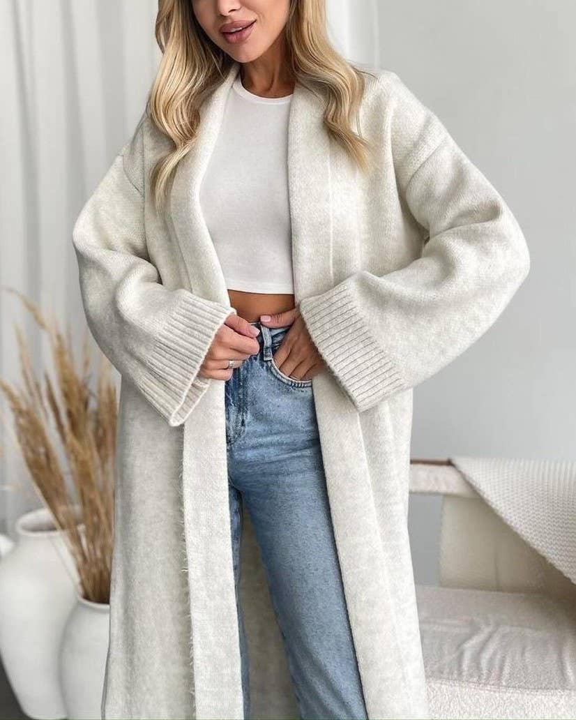 Elegant Collarless Open Front Long Cardigan