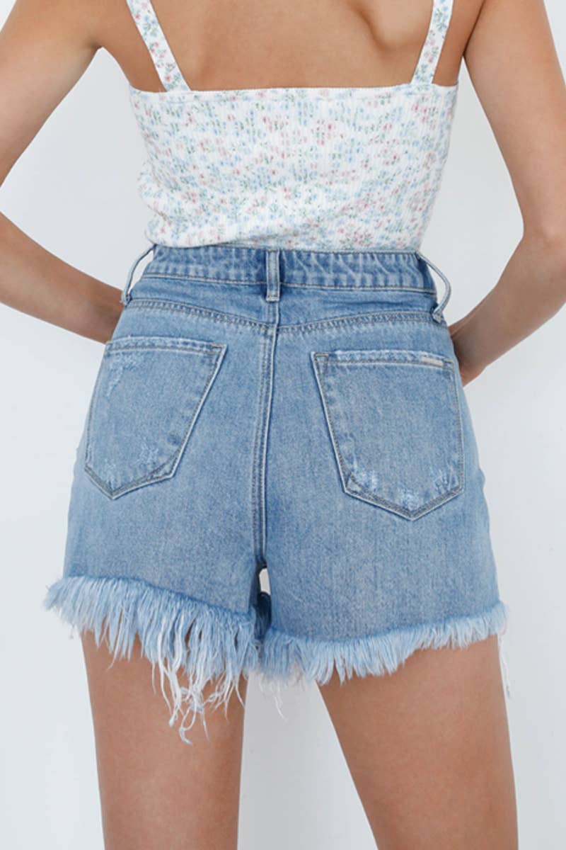 High Rise Ripped Frayed Hem Denim Shorts: L