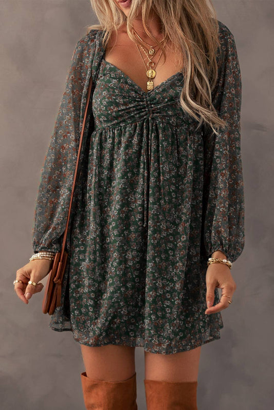 BOHO Floral Sweetheart Neck Mini Dress