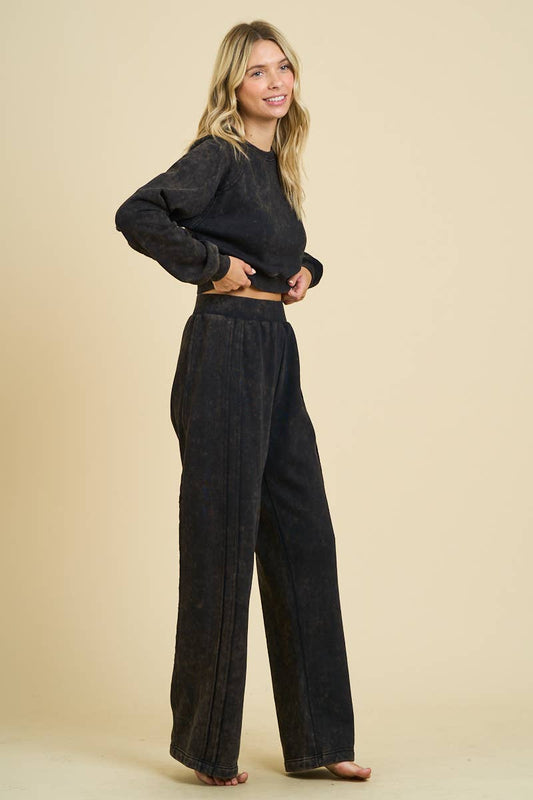 Acid Washed Sweatshirt and Pants Set - Black