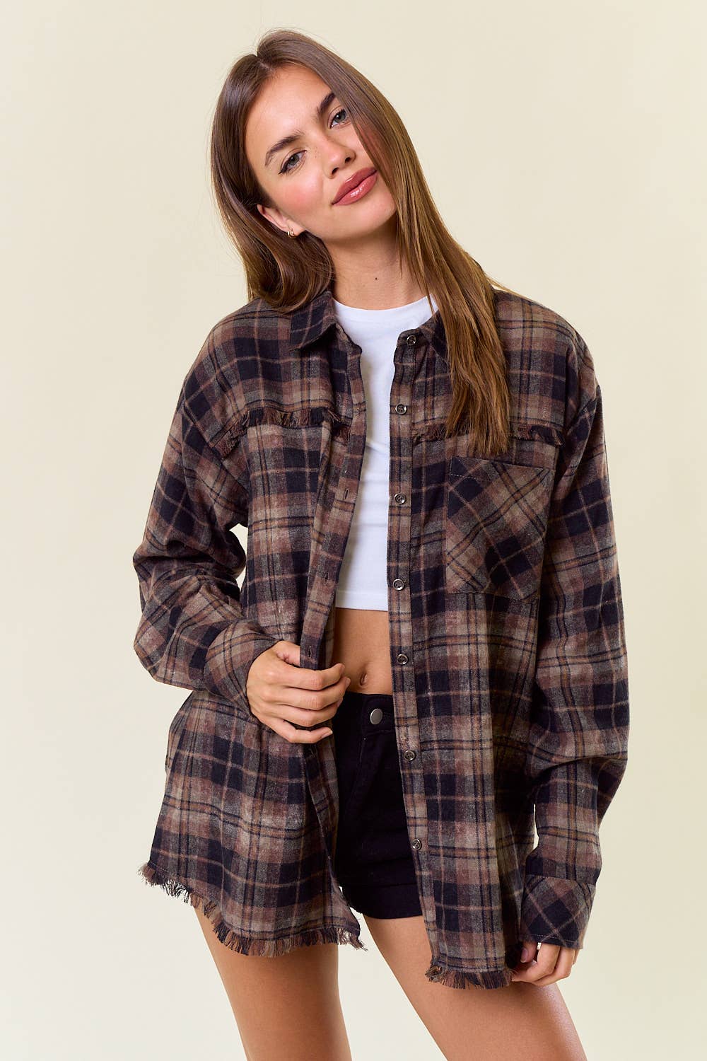 Plaid Flannel Shirt W/ Frayed Detail