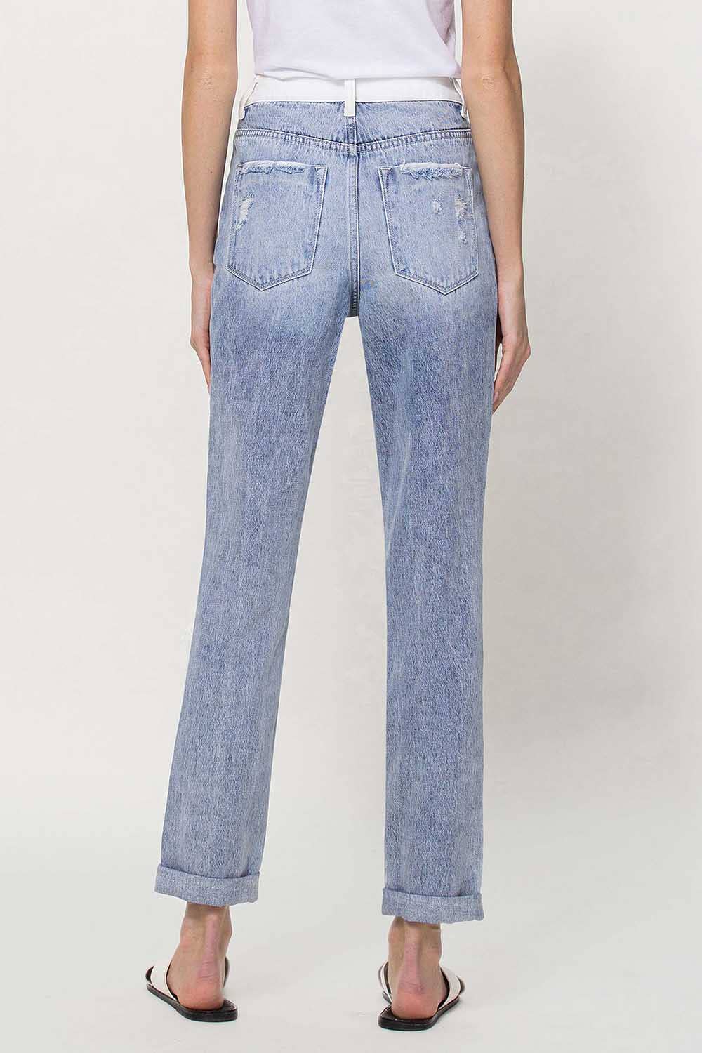 SUPER HIGH RISE SPLIT TWO TONED CUFFED MOM JEANS