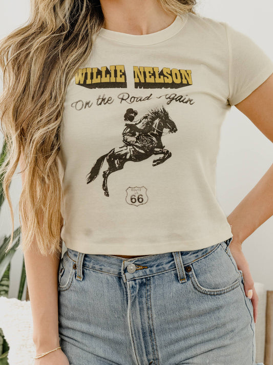 Willie Nelson Route 66 Off White Licensed Micro Cropped Tee