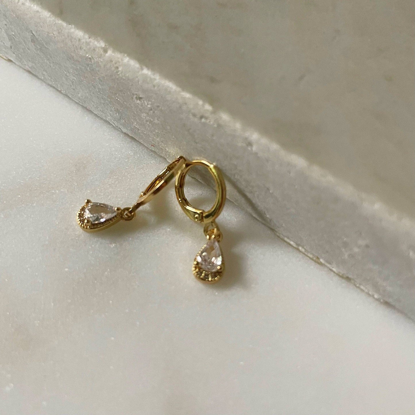 Save Your Tears Huggies. Gold Filled Drop CZ Earrings