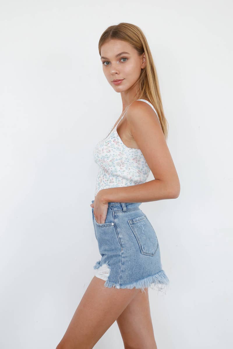 High Rise Ripped Frayed Hem Denim Shorts: S