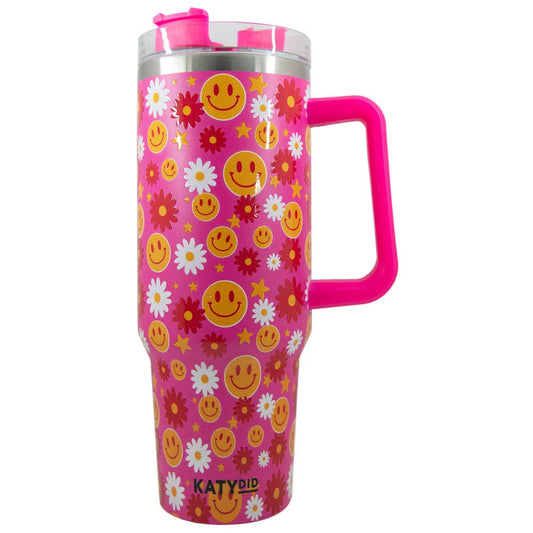 40 oz Stainless Steel Tumbler Cup: Red Flower Happy Face