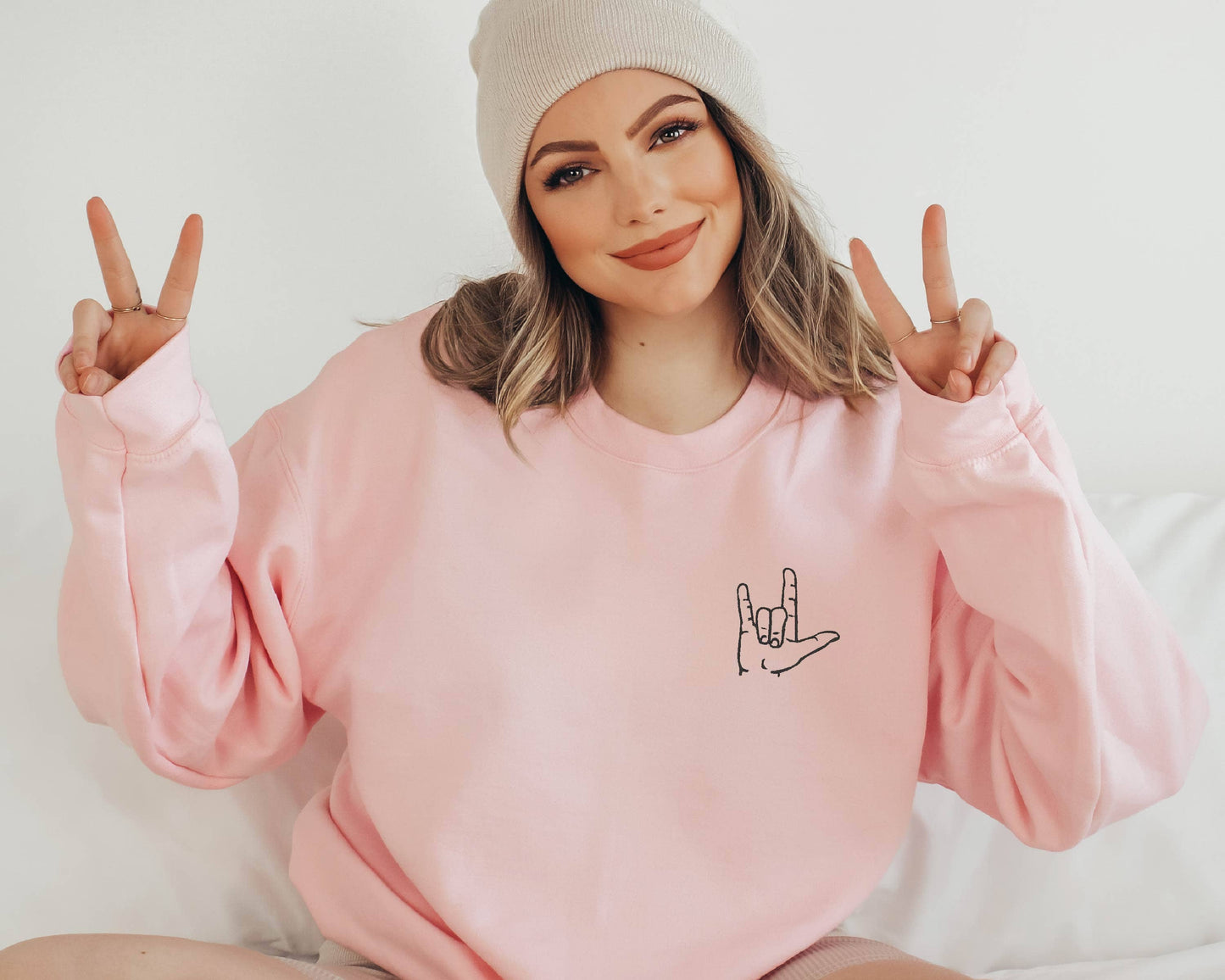 EMBROIDERED Love Sign Language Valentine's Day Sweater: White / Medium
