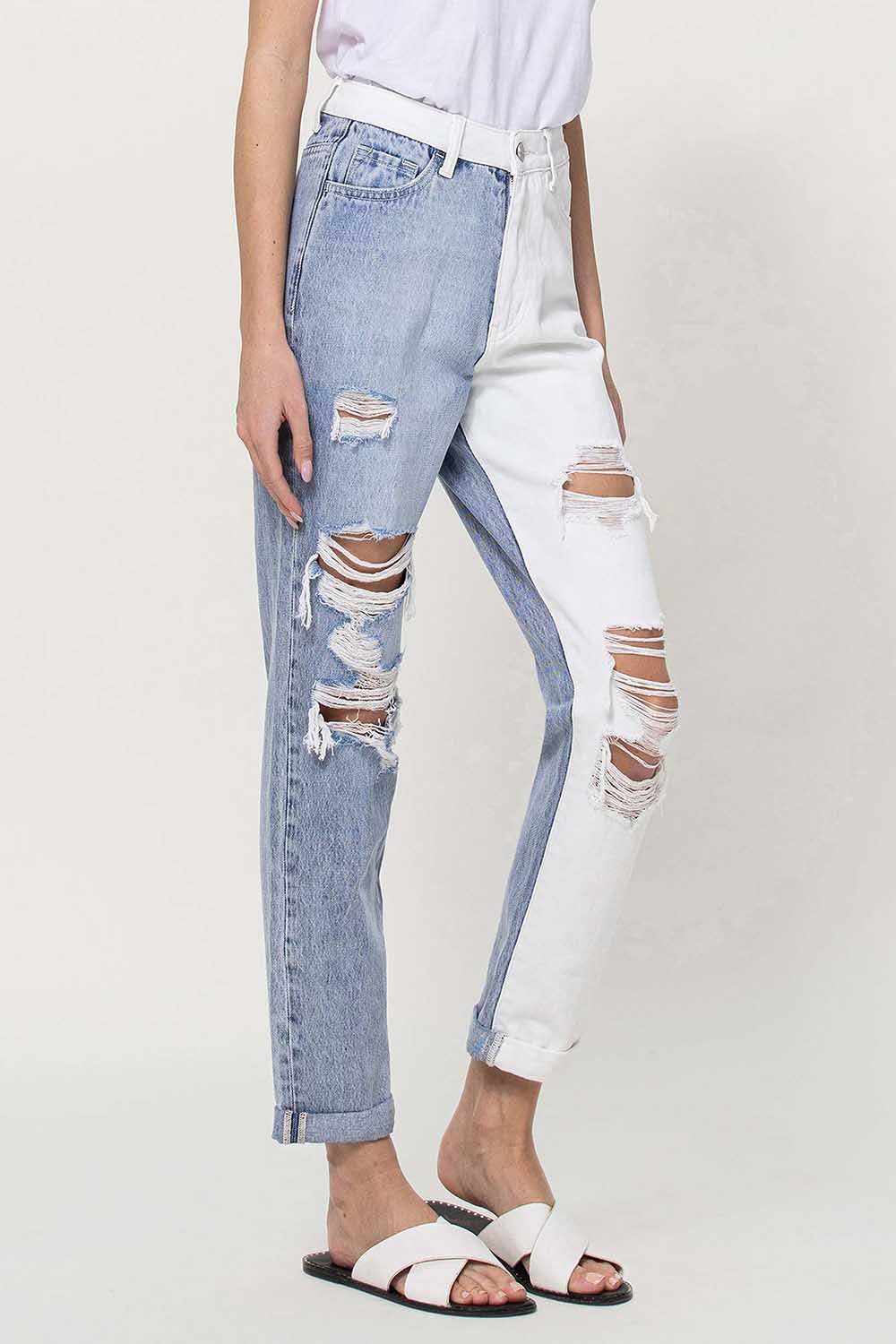 SUPER HIGH RISE SPLIT TWO TONED CUFFED MOM JEANS