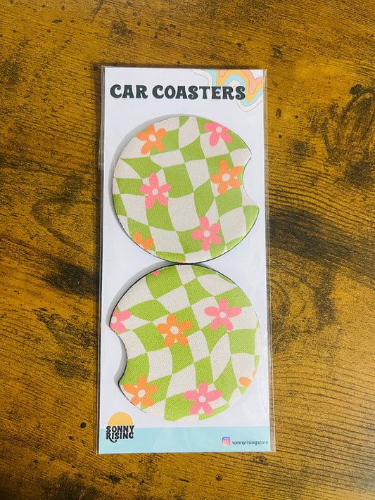 Car Coasters, Groovy Green Check and Pink Daisy Design