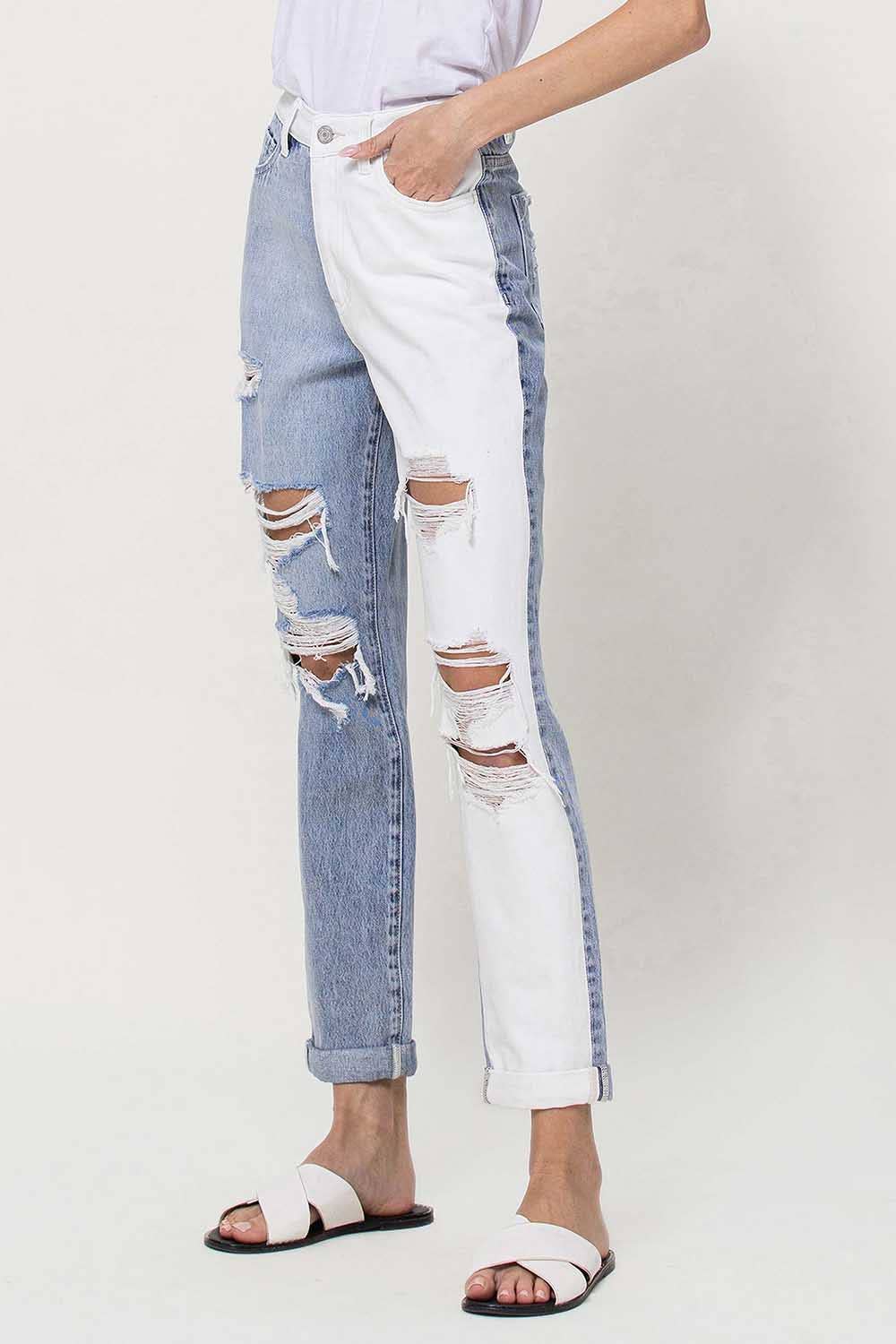 SUPER HIGH RISE SPLIT TWO TONED CUFFED MOM JEANS