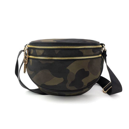 The Samantha | Double Zipper Sling Bag: Green Camo