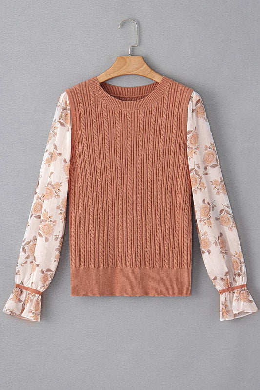 Floral Patchwork Ruffled Cuff Cable Knit Sweater