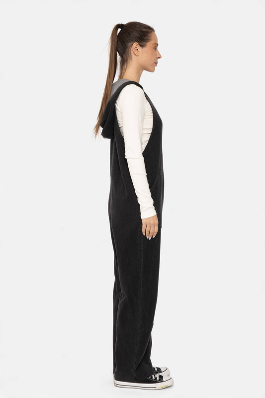 Cotton Blend Hooded Overalls: Black