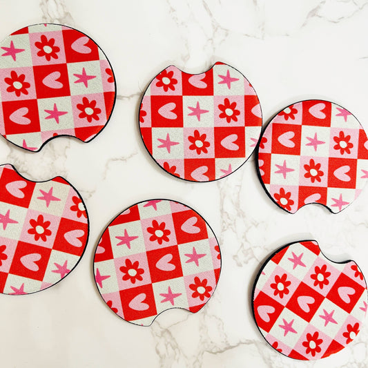 Car Coasters, Red and Pink Heart Block Design