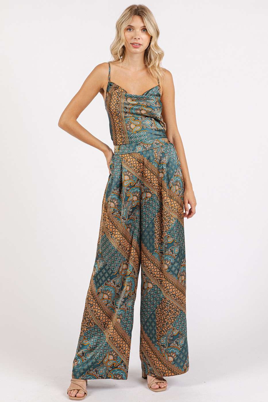 PAISLEY PATCHWORK PRINT SATIN COWL NECK CROP TOP: TEAL GREEN / S-M-L(2-2-2)