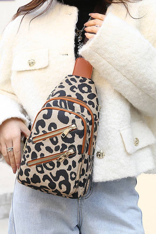 Leopard Print Twin Zipper Sling Crossbody Bag