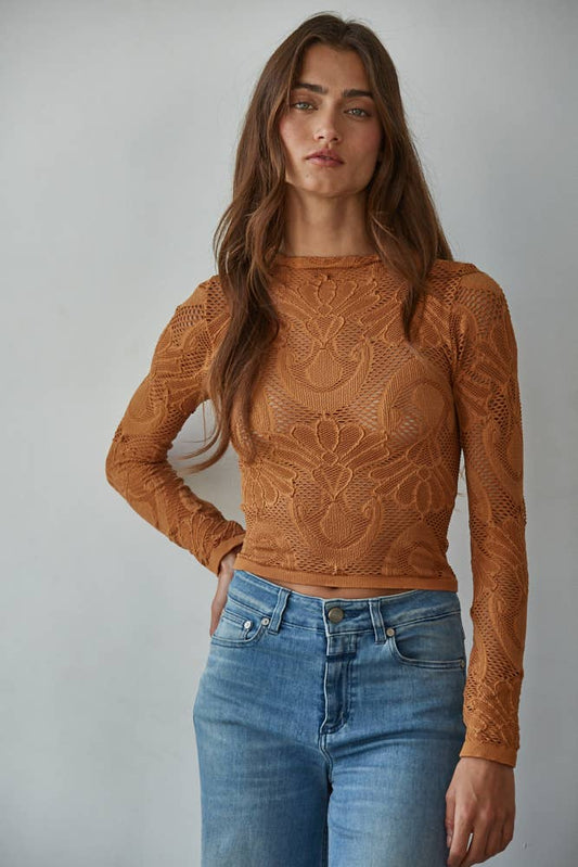 Mock Neck Long Sleeve Top: Golden Granola