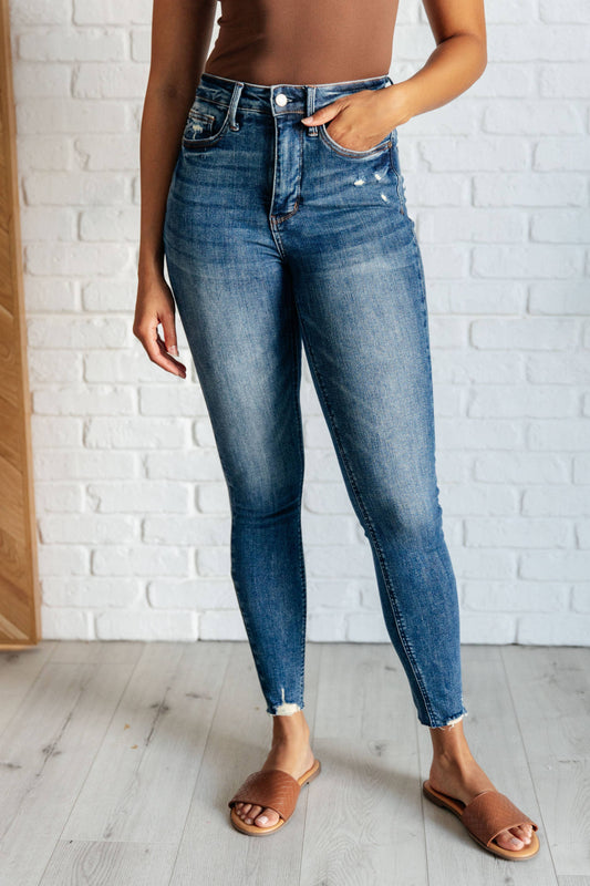 Judy Blue High Rise Control Top Distressed Hem Skinny Jeans