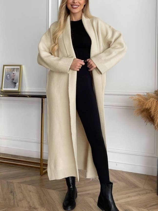 Elegant Collarless Open Front Long Cardigan