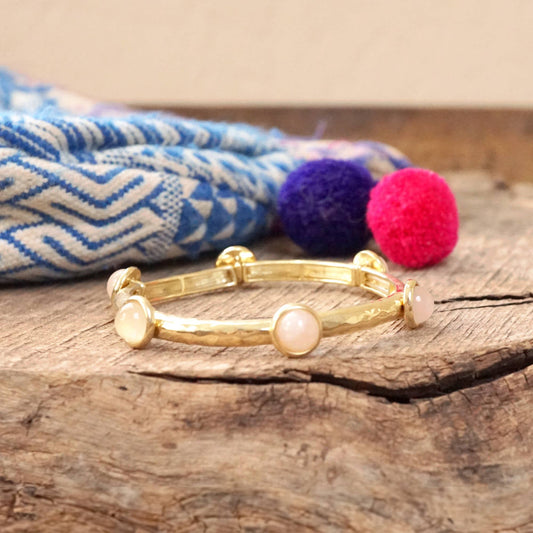 Jeweled Golden Bangle with semi precious stone dots: Shiny Gold - Pink Rose quartz