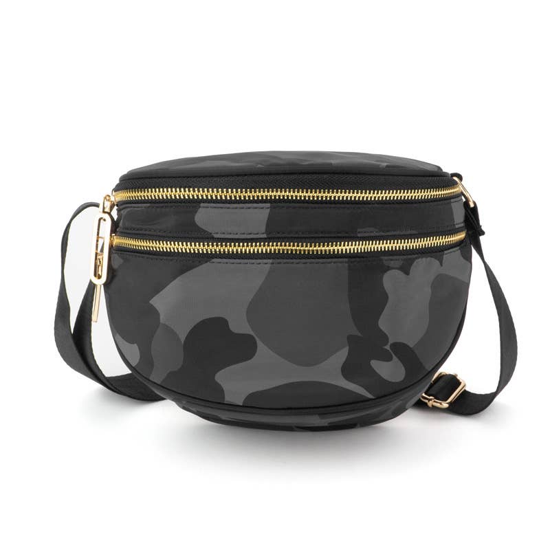 The Samantha | Double Zipper Sling Bag: Green Camo