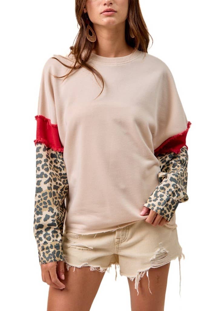 French Terry With Leopard Sleeves Top