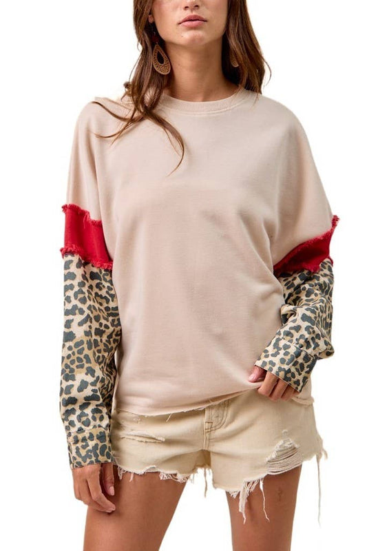 French Terry With Leopard Sleeves Top