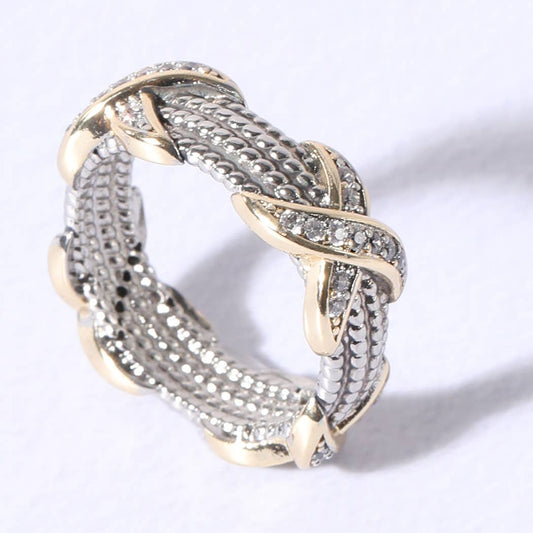 Cable Silver Gold CZ Stones Ring