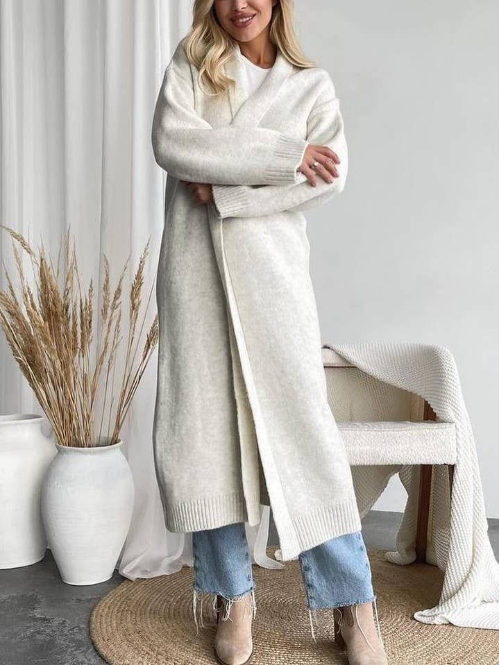 Elegant Collarless Open Front Long Cardigan