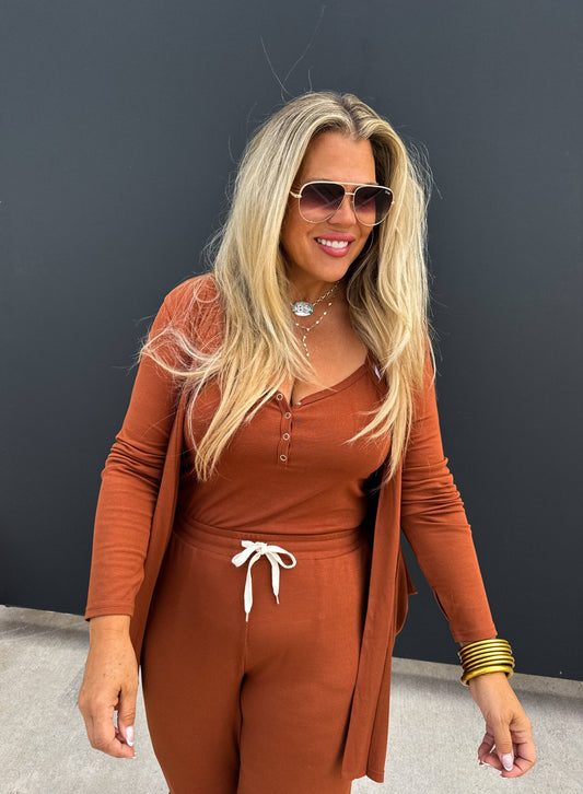 SOFT LANDING ROMPER & CARDIGAN SET: TOFFEE