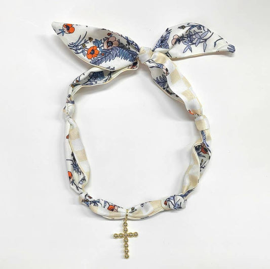 Scarf Necklace Beige/Navy with 1.25" Bubble Cross