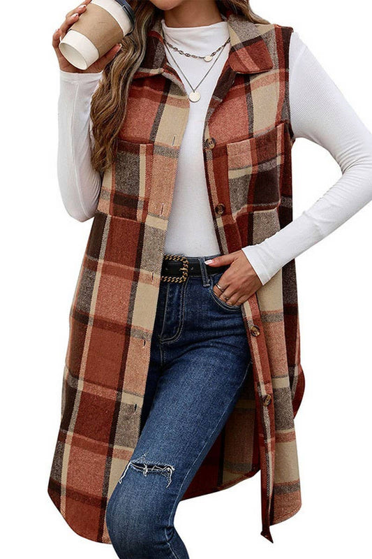 SLEEVELESS LAPEL MID-LENGTH PLAID VEST