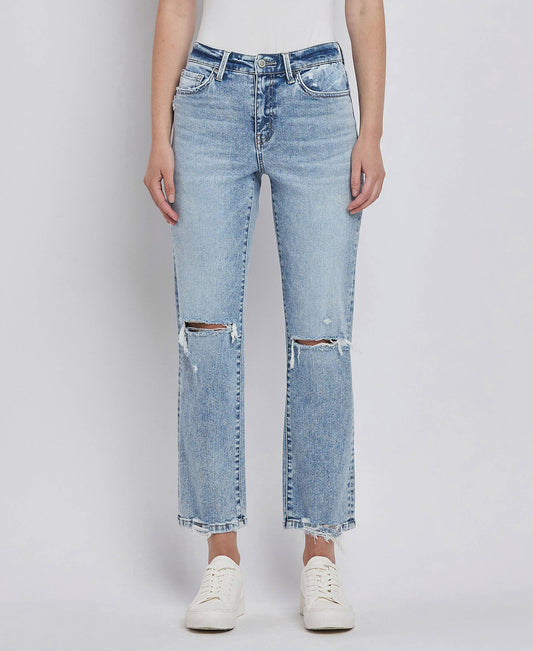 High Rise Distressed Straight Jeans