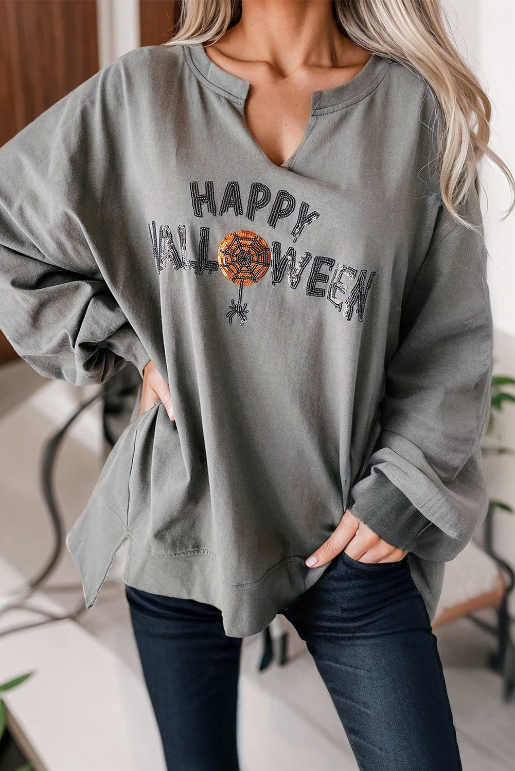 Oversized Sequin Happy Halloween Graphic Long Sleeve Top