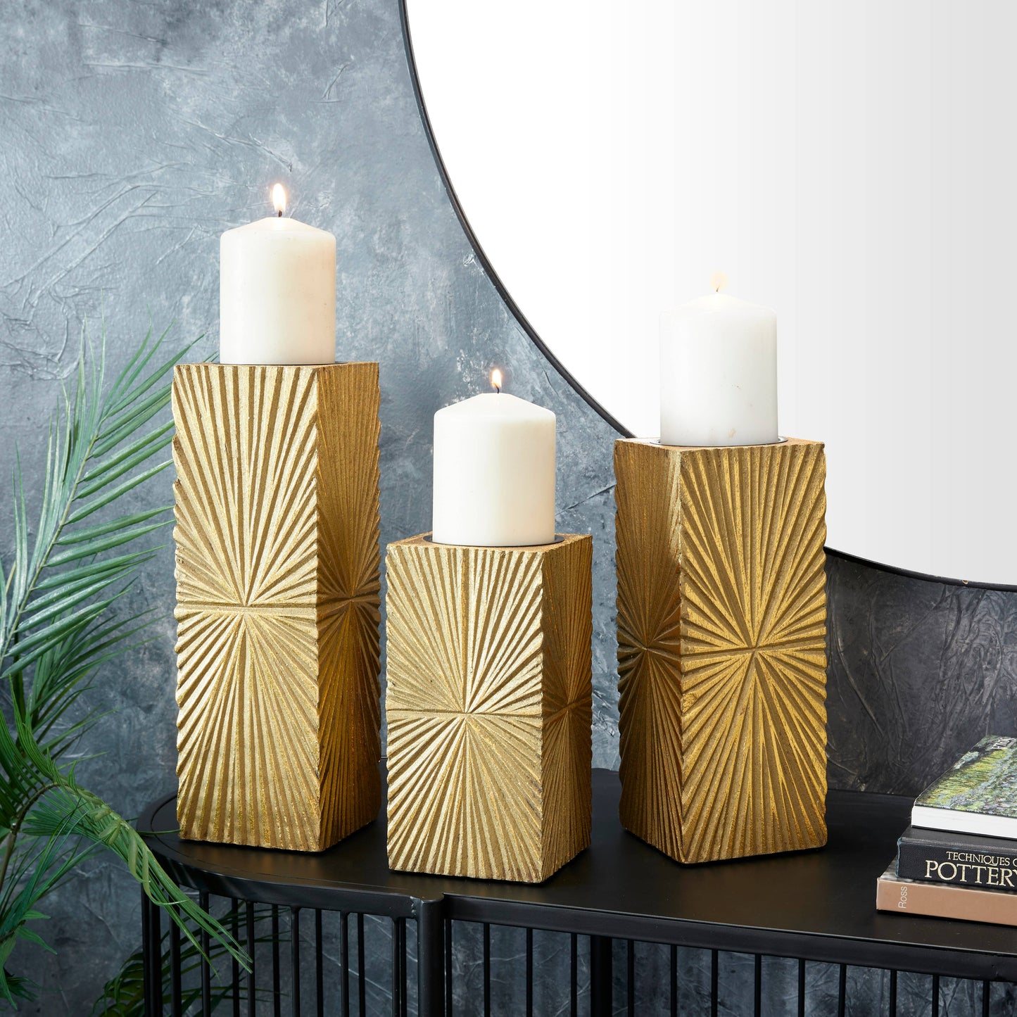 Wooden Carved Pillar Geometric Candle Holder