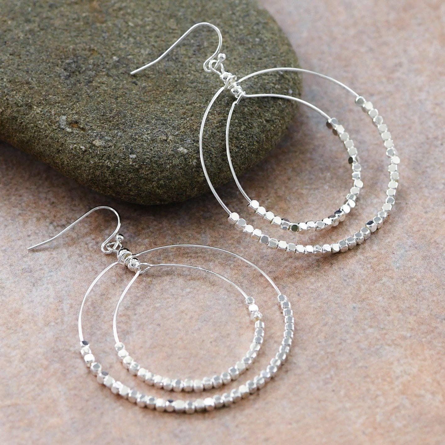 Silver Beaded Double Circle Drop Earrings - 5806: S0OX3T5806 Silver