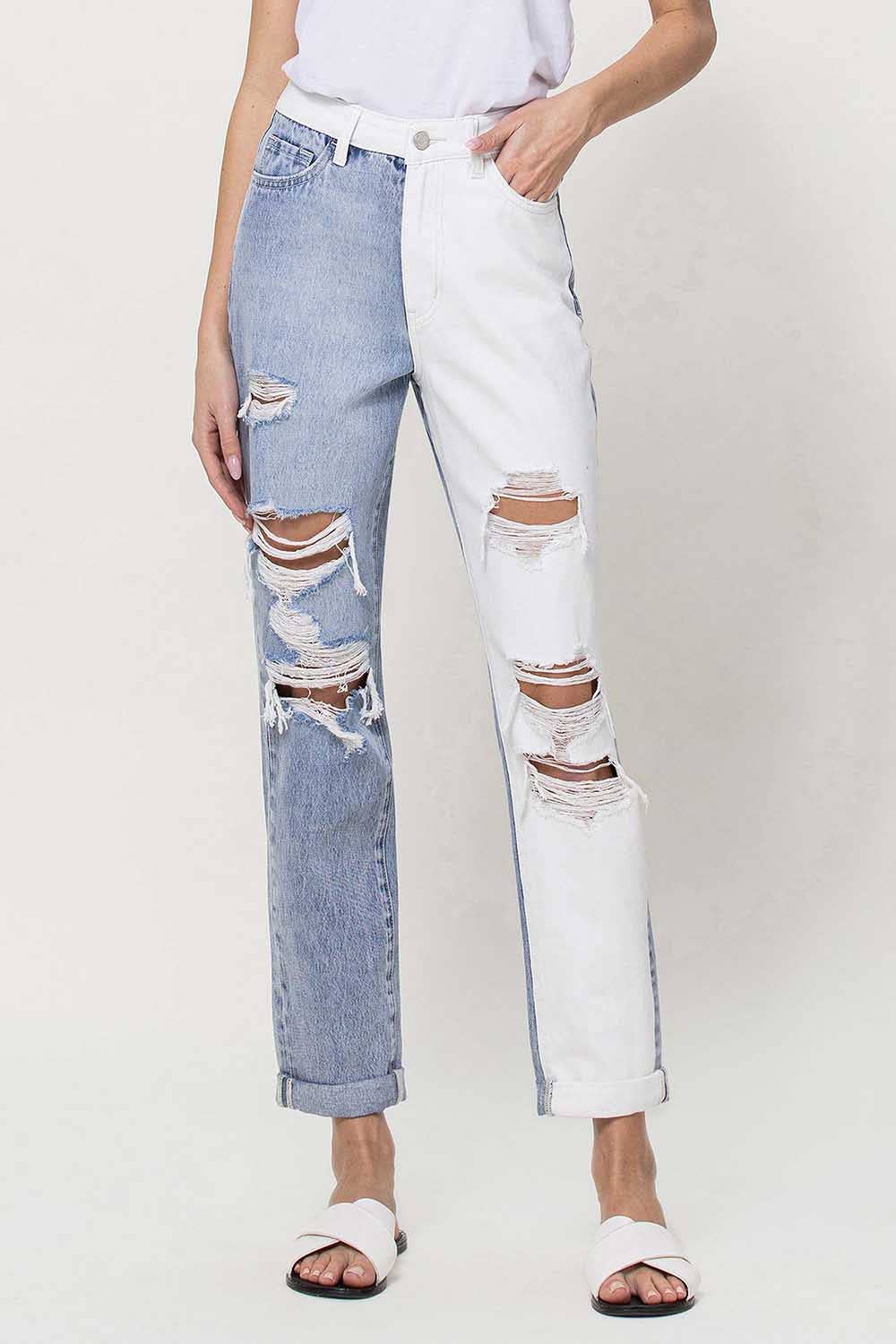 SUPER HIGH RISE SPLIT TWO TONED CUFFED MOM JEANS