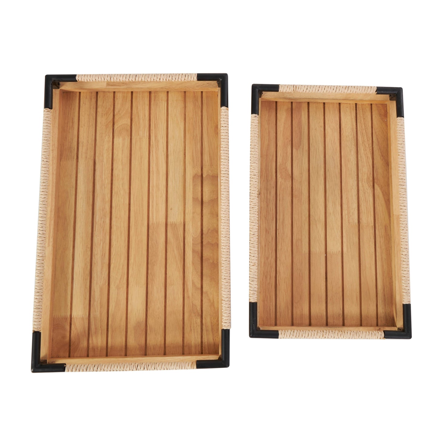 Wood Slatted Trays with Woven Sides & Metal Corners