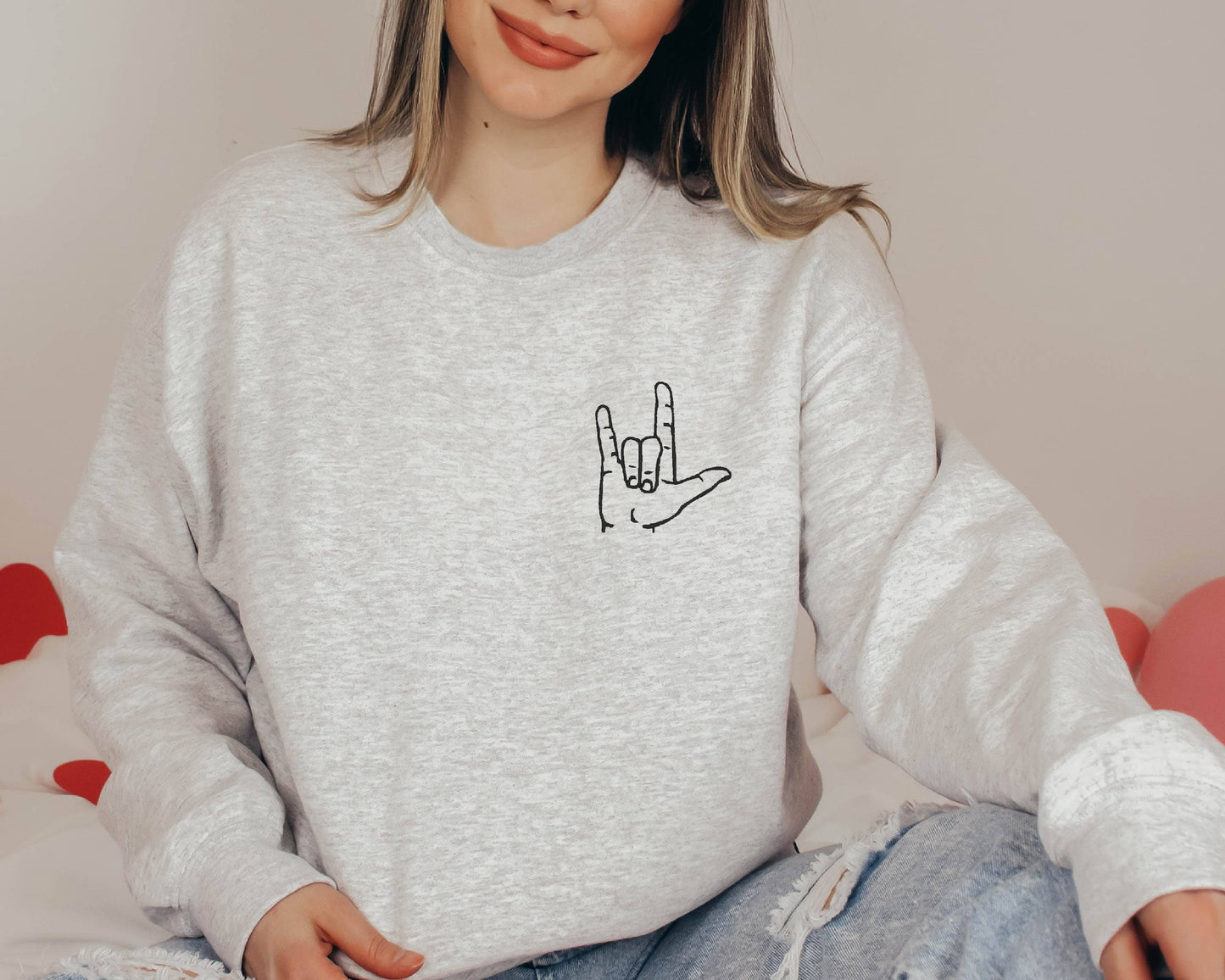 EMBROIDERED Love Sign Language Valentine's Day Sweater: White / Large