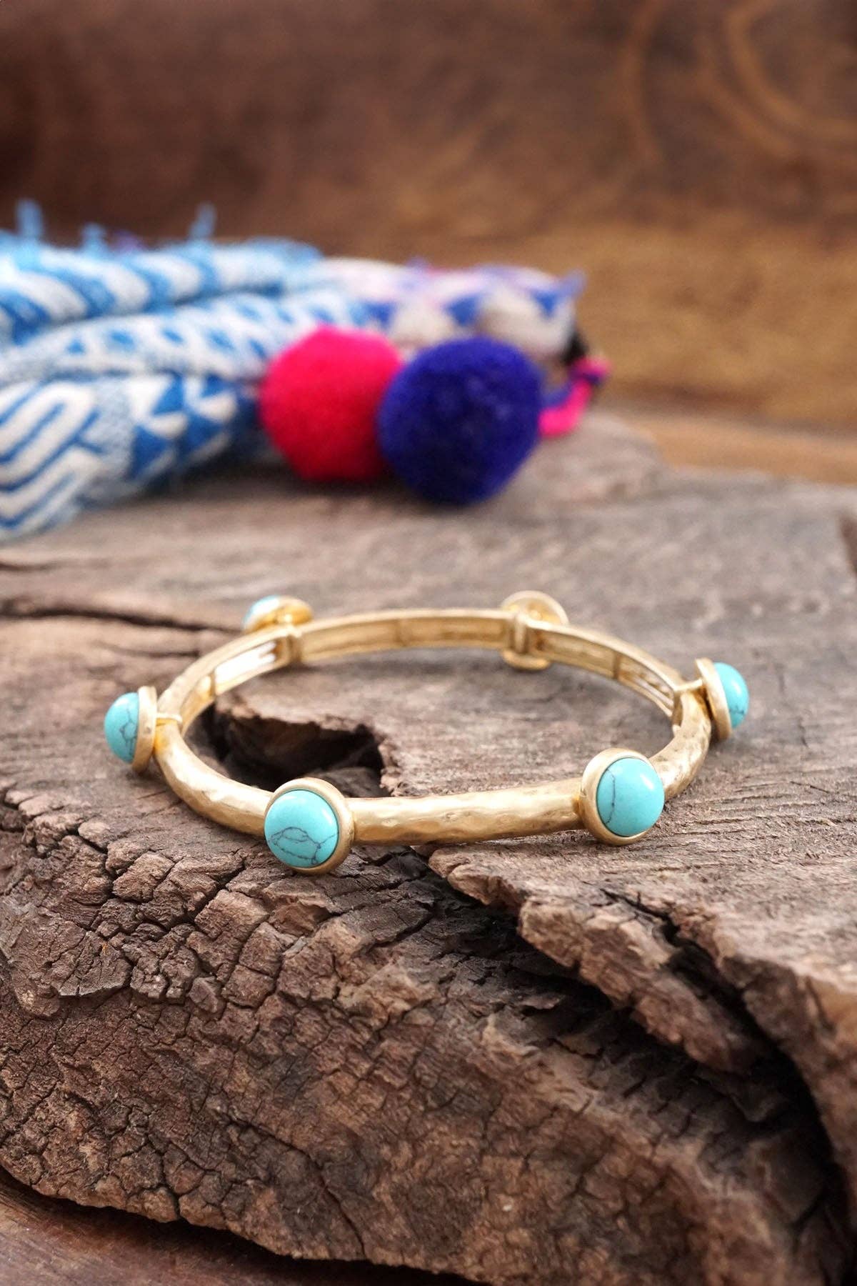 Jeweled Golden Bangle with semi precious stone dots: Shiny Gold - Pink Rose quartz