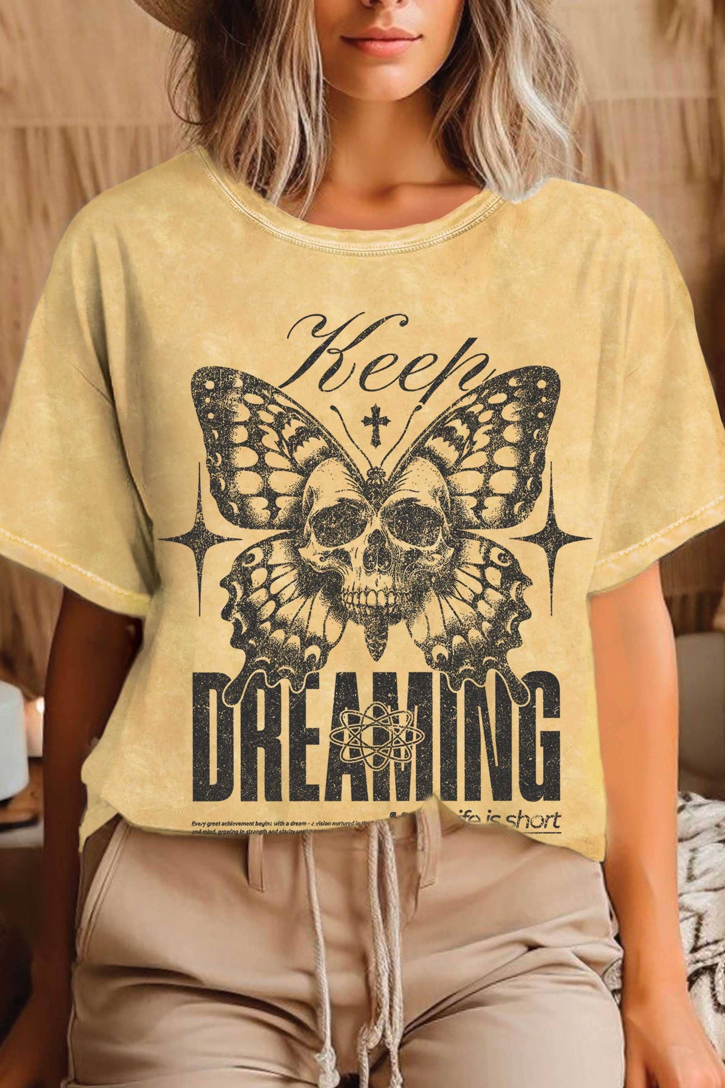 KEEP DREAMING SKULL BUTTERFLY MINERAL GRAPHIC TSHIRT