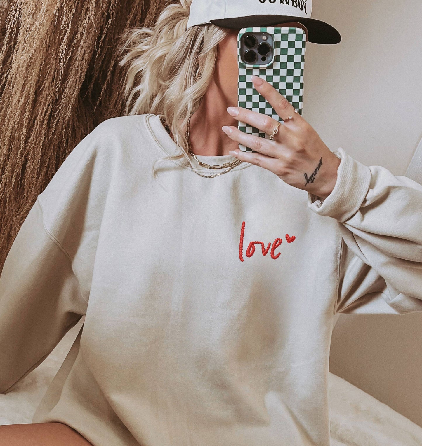 EMBROIDERED Love Sweatshirt Valentine's Day Crewneck Sweater: Ash Grey / Medium