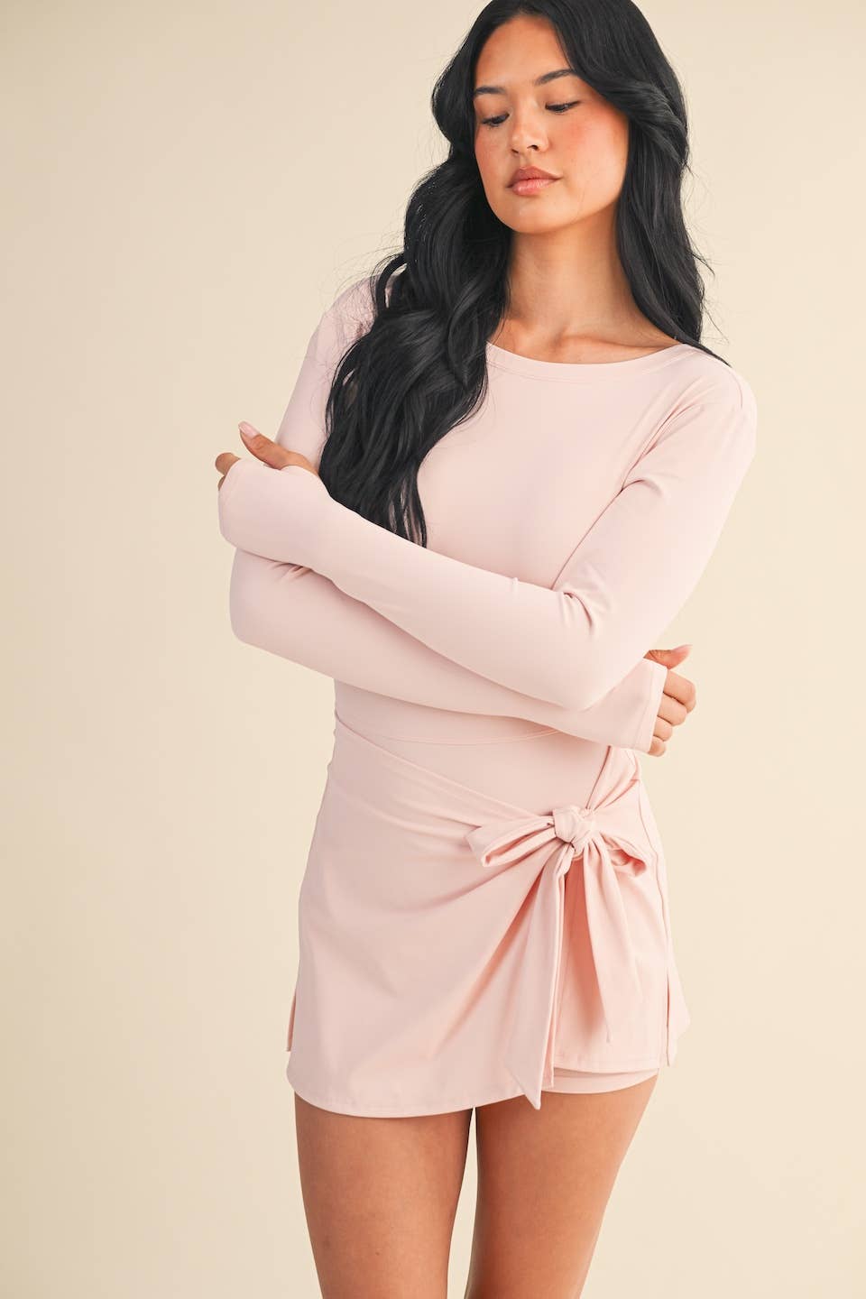 Long Sleeve Wrap Tie Front Dress: Pink / M