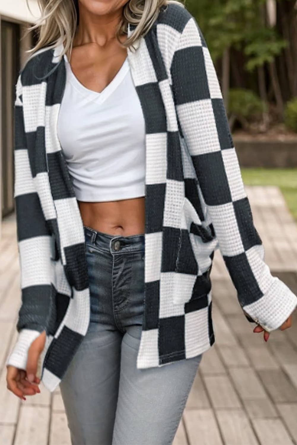 Checkered Pattern Open Front Knit  Cardigan