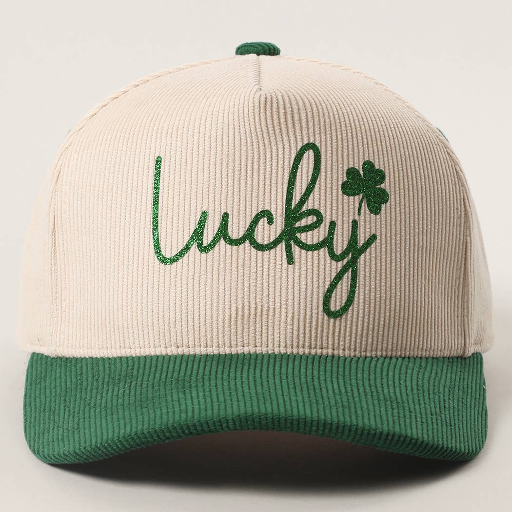 Lucky Script Glitter Heat Press Corduroy Trucker Hat