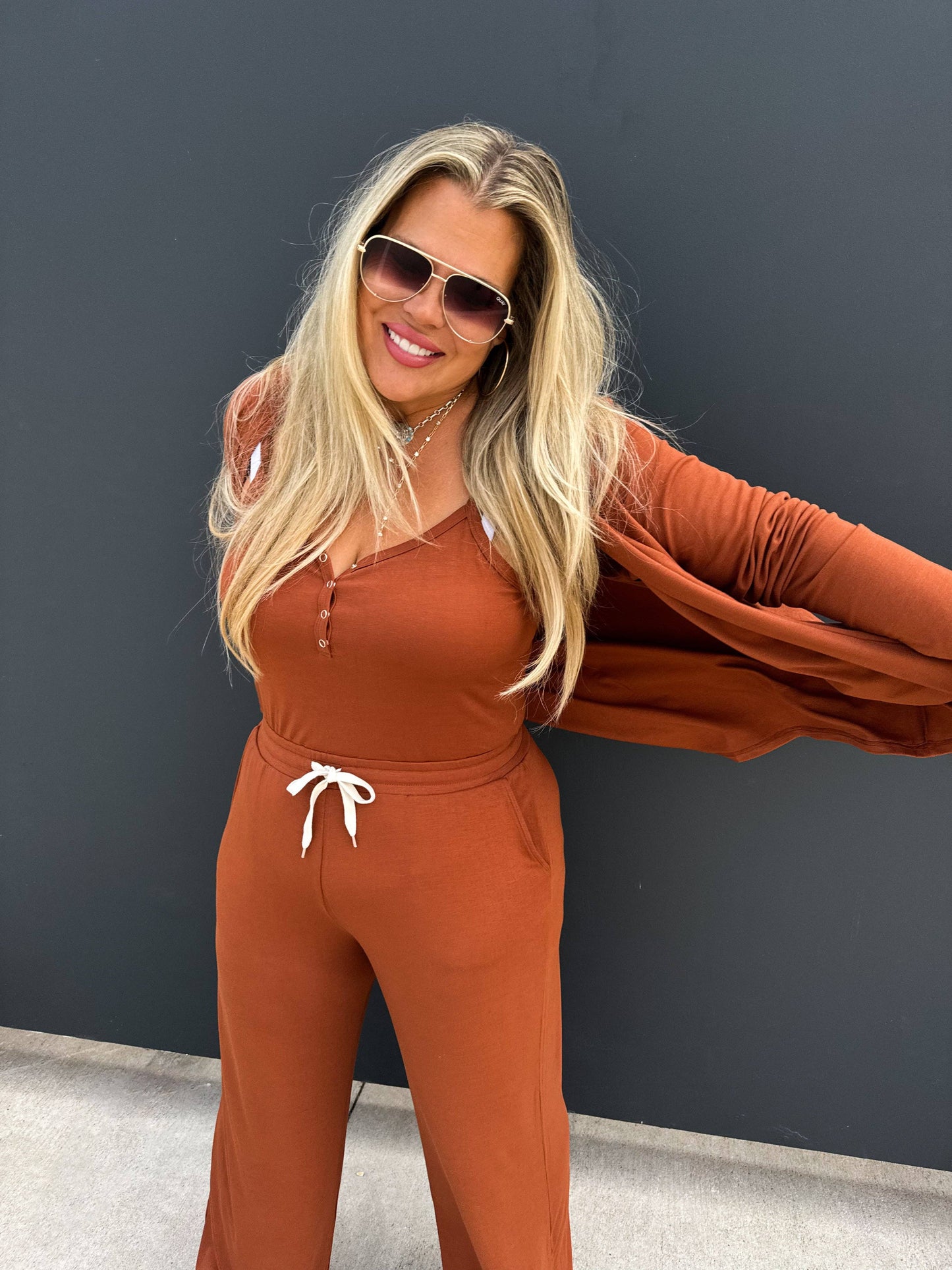 SOFT LANDING ROMPER & CARDIGAN SET: TOFFEE