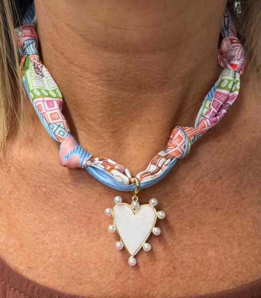 Knotted Scarf Necklace with Pearlized Heart Charm