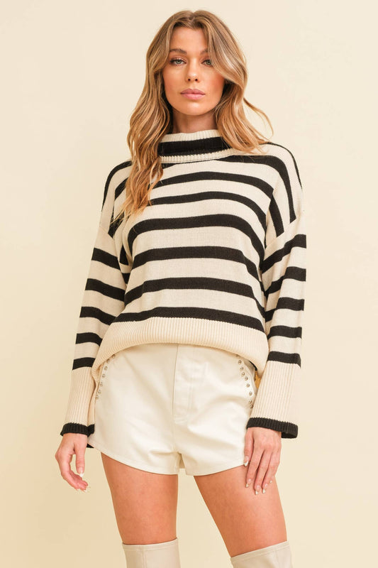 STRIPED TURTLENECK SWEATER: Cream/Black