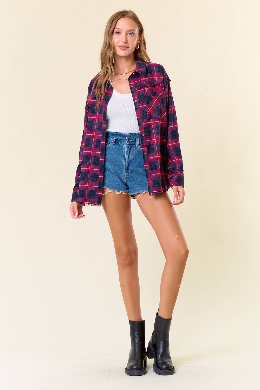 Plaid Flannel Shirt W/ Frayed Detail